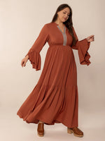 Plus Size Ruffled Notched Long Sleeve Midi Dress – Graceful, Flowy & Full of Boho Charm - The Elevated Hippie