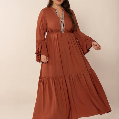 Plus Size Ruffled Notched Long Sleeve Midi Dress – Graceful, Flowy & Full of Boho Charm - The Elevated Hippie
