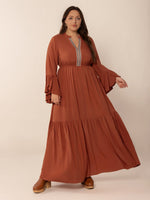 Plus Size Ruffled Notched Long Sleeve Midi Dress – Graceful, Flowy & Full of Boho Charm - The Elevated Hippie