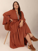 Plus Size Ruffled Notched Long Sleeve Midi Dress – Graceful, Flowy & Full of Boho Charm - The Elevated Hippie