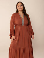 Plus Size Ruffled Notched Long Sleeve Midi Dress – Graceful, Flowy & Full of Boho Charm - The Elevated Hippie