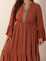 Plus Size Ruffled Notched Long Sleeve Midi Dress – Graceful, Flowy & Full of Boho Charm - The Elevated Hippie