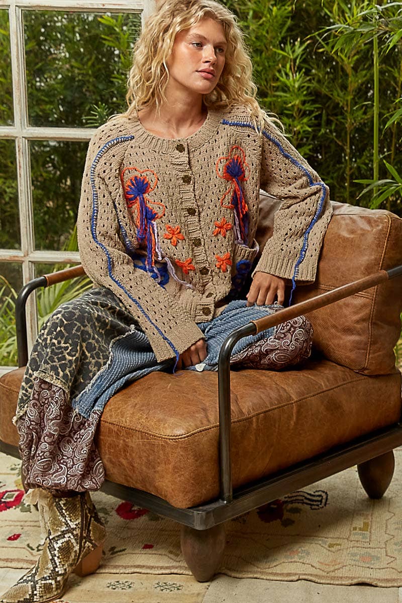 Long sleeve floral frayed edge chenille sweater cardigan top - The Elevated Hippie