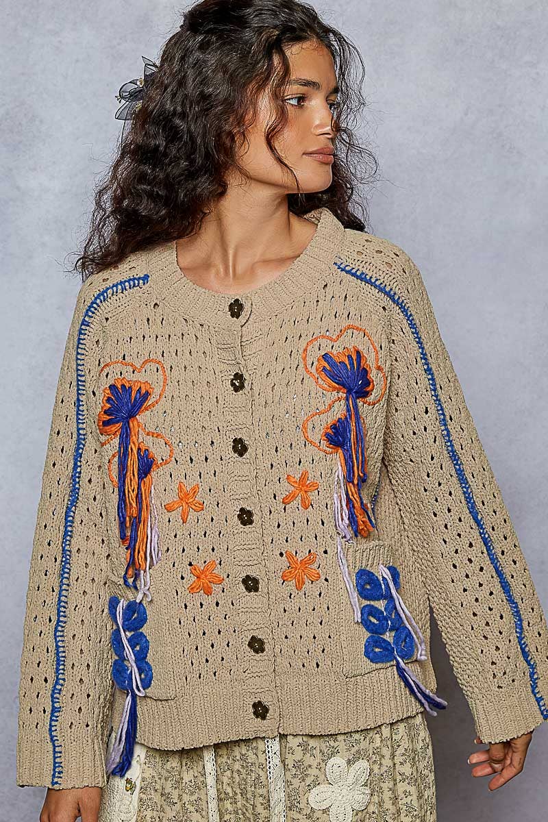 Long sleeve floral frayed edge chenille sweater cardigan top - The Elevated Hippie