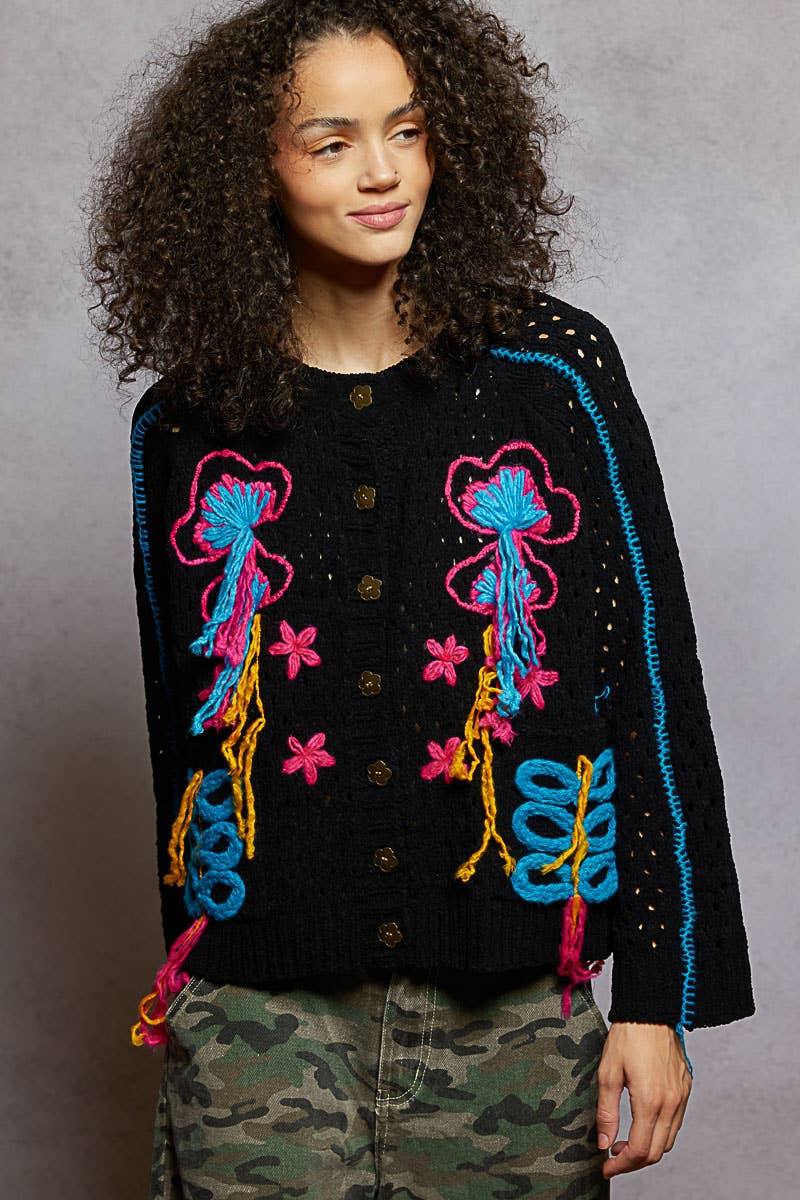 Long sleeve floral frayed edge chenille sweater cardigan top - The Elevated Hippie
