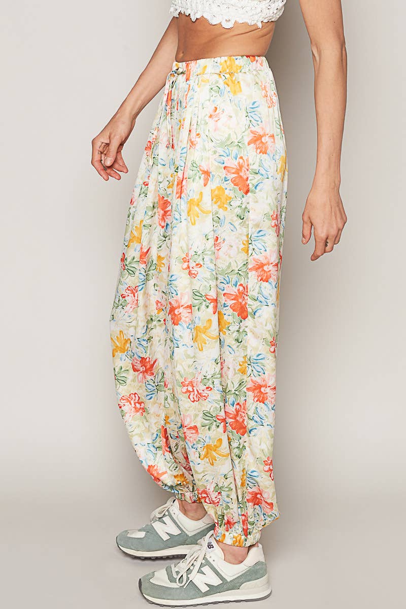 Women's Floral Print Harem Pants – Adjustable Waist Woven Boho Lounge Pants - The Elevated Hippie