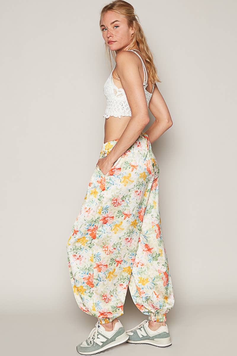 Women's Floral Print Harem Pants – Adjustable Waist Woven Boho Lounge Pants - The Elevated Hippie