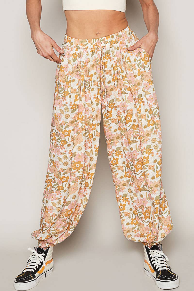 Women's Floral Print Harem Pants – Adjustable Waist Woven Boho Lounge Pants - The Elevated Hippie