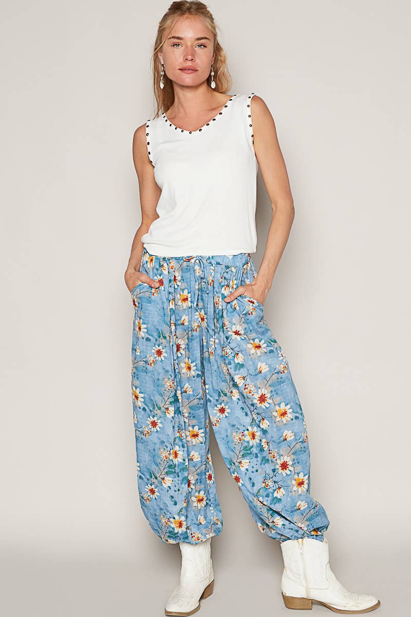 Women's Floral Print Harem Pants – Adjustable Waist Woven Boho Lounge Pants - The Elevated Hippie