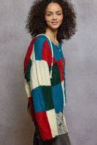 V-neck long sleeve color block mohair hoodie sweater top - The Elevated Hippie