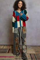 V-neck long sleeve color block mohair hoodie sweater top - The Elevated Hippie