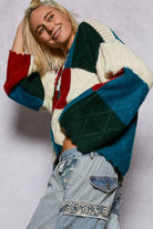 V-neck long sleeve color block mohair hoodie sweater top - The Elevated Hippie
