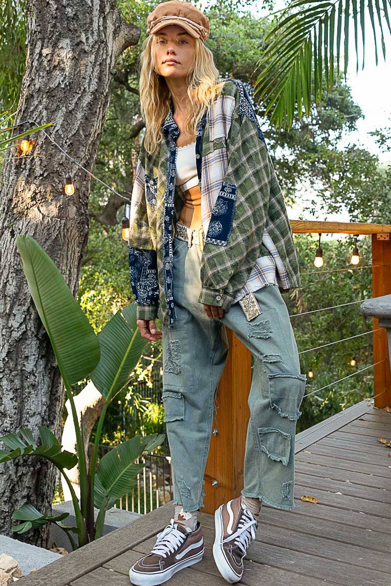 Vintage washed long sleeve button down plaid woven shirt - The Elevated Hippie
