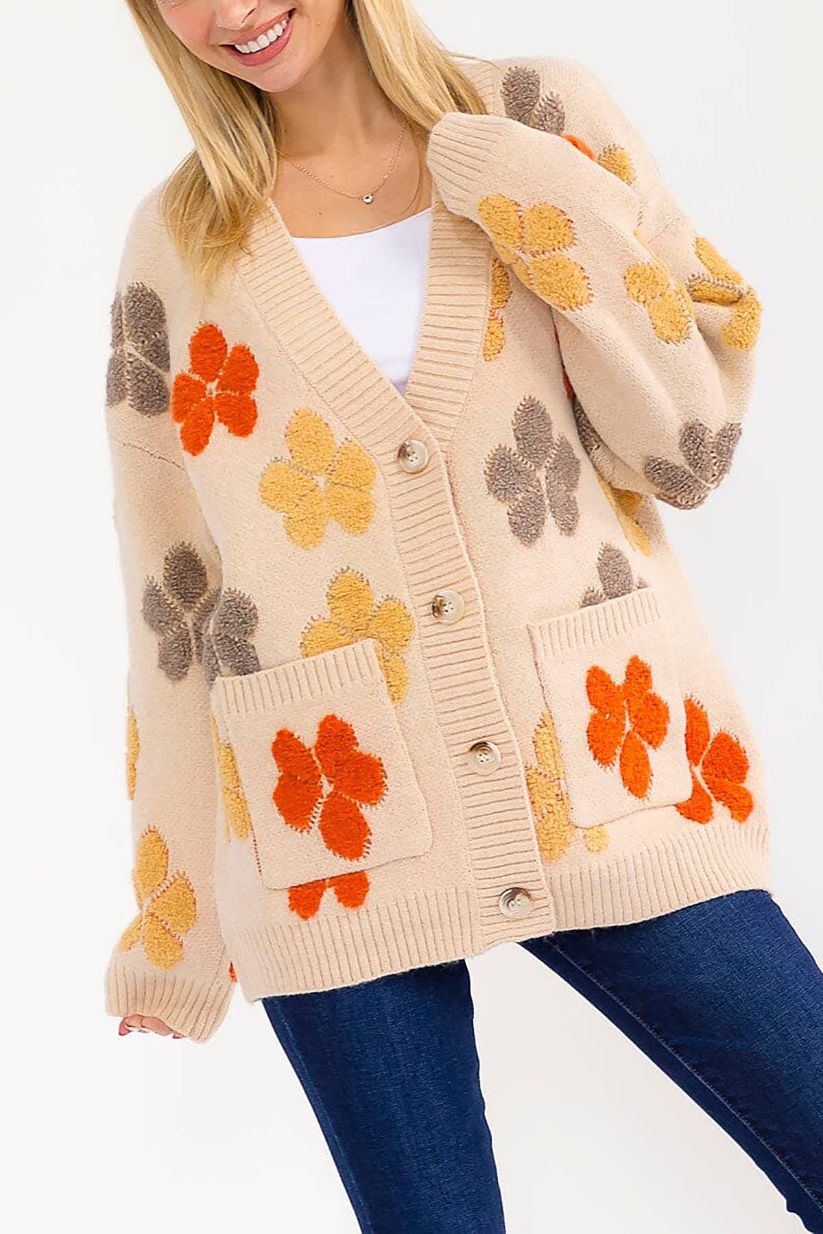 FLORAL DETAIL POCKETS BUTTON DOWN SWEATER CARDIGAN - The Elevated Hippie