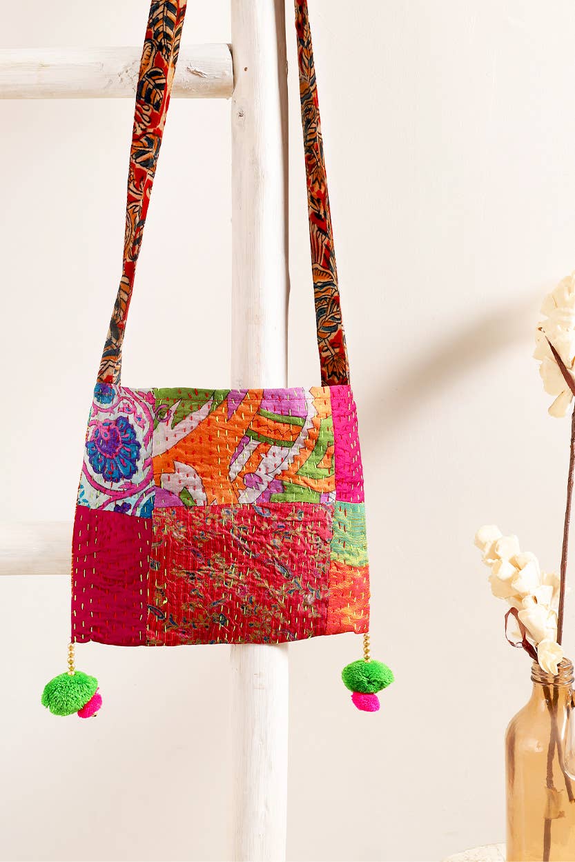 Silk Kantha Pom Pom Bag - The Elevated Hippie