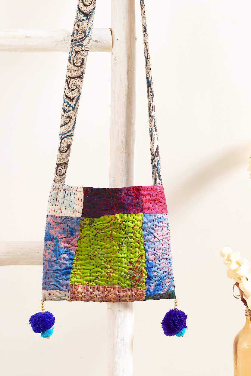 Silk Kantha Pom Pom Bag - The Elevated Hippie