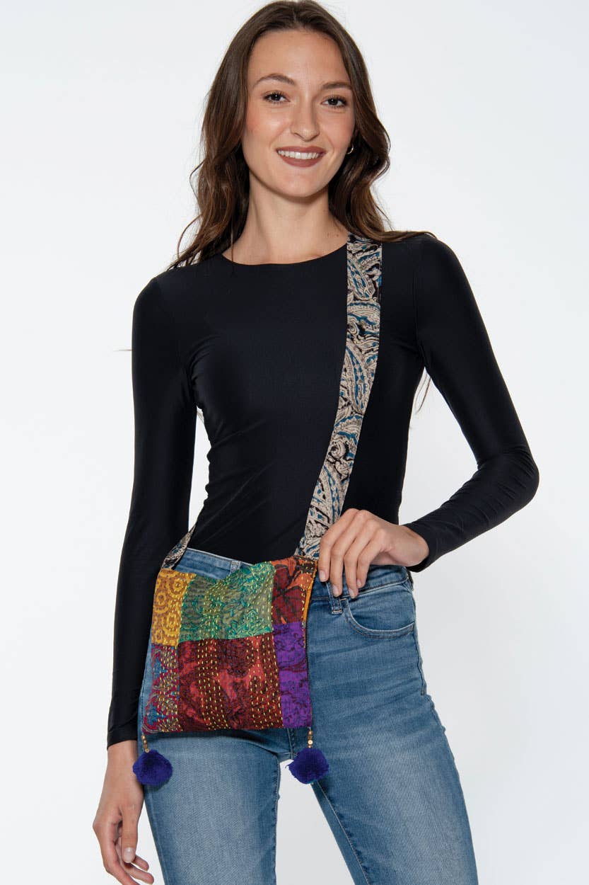 Silk Kantha Pom Pom Bag - The Elevated Hippie