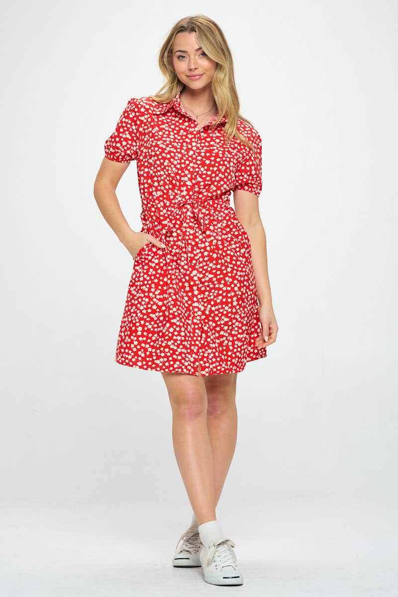 RED POPPY PRINT BUTTON UP DRESS - The Elevated Hippie