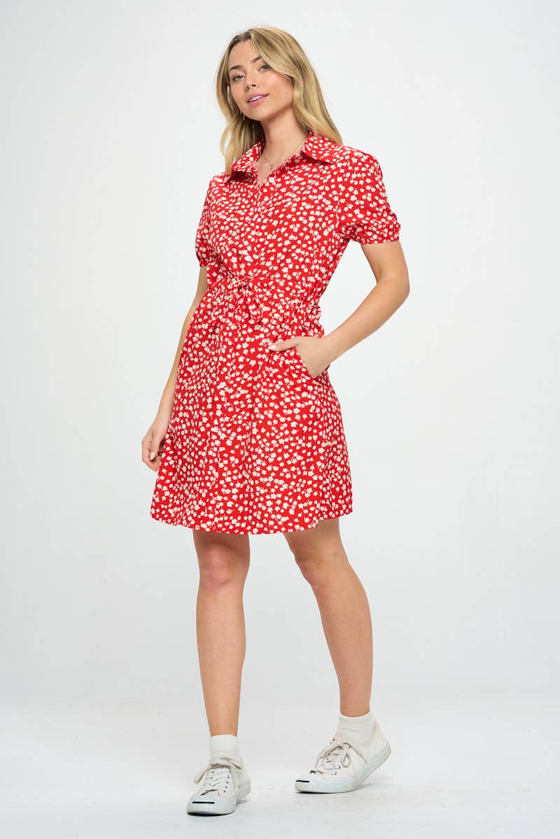 RED POPPY PRINT BUTTON UP DRESS - The Elevated Hippie