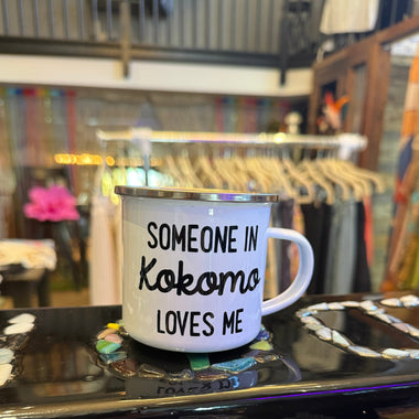“Someone From Kokomo Loves Me” White Enamel Stainless Steel Mug – 10oz - The Elevated Hippie