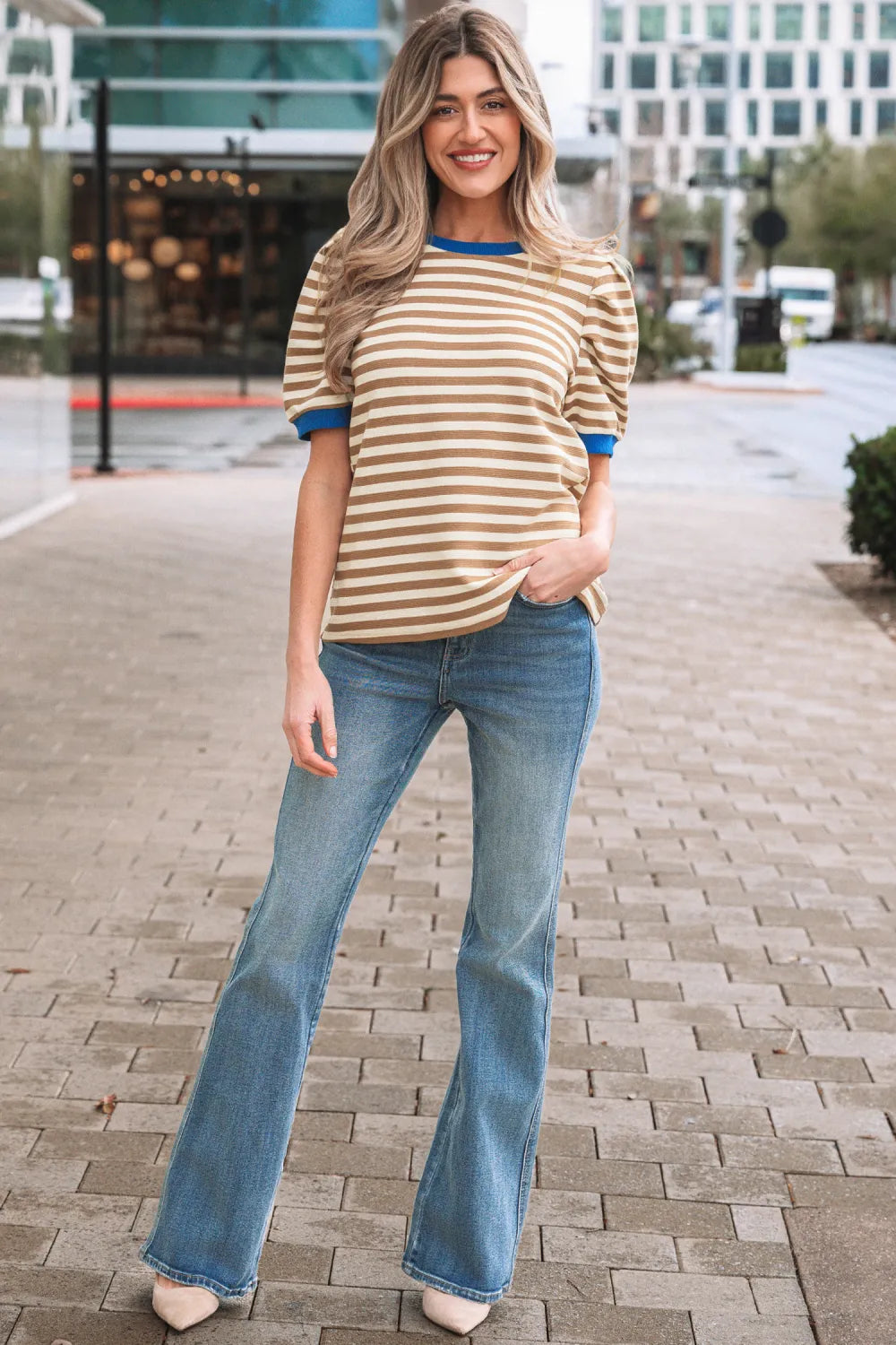 Brown Stripe Puff Sleeve Contrast Trim Tee boho clothing, festival outfit, hippie style apparel | Elevated Hippie
