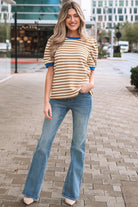 Brown Stripe Puff Sleeve Contrast Trim Tee boho clothing, festival outfit, hippie style apparel | Elevated Hippie