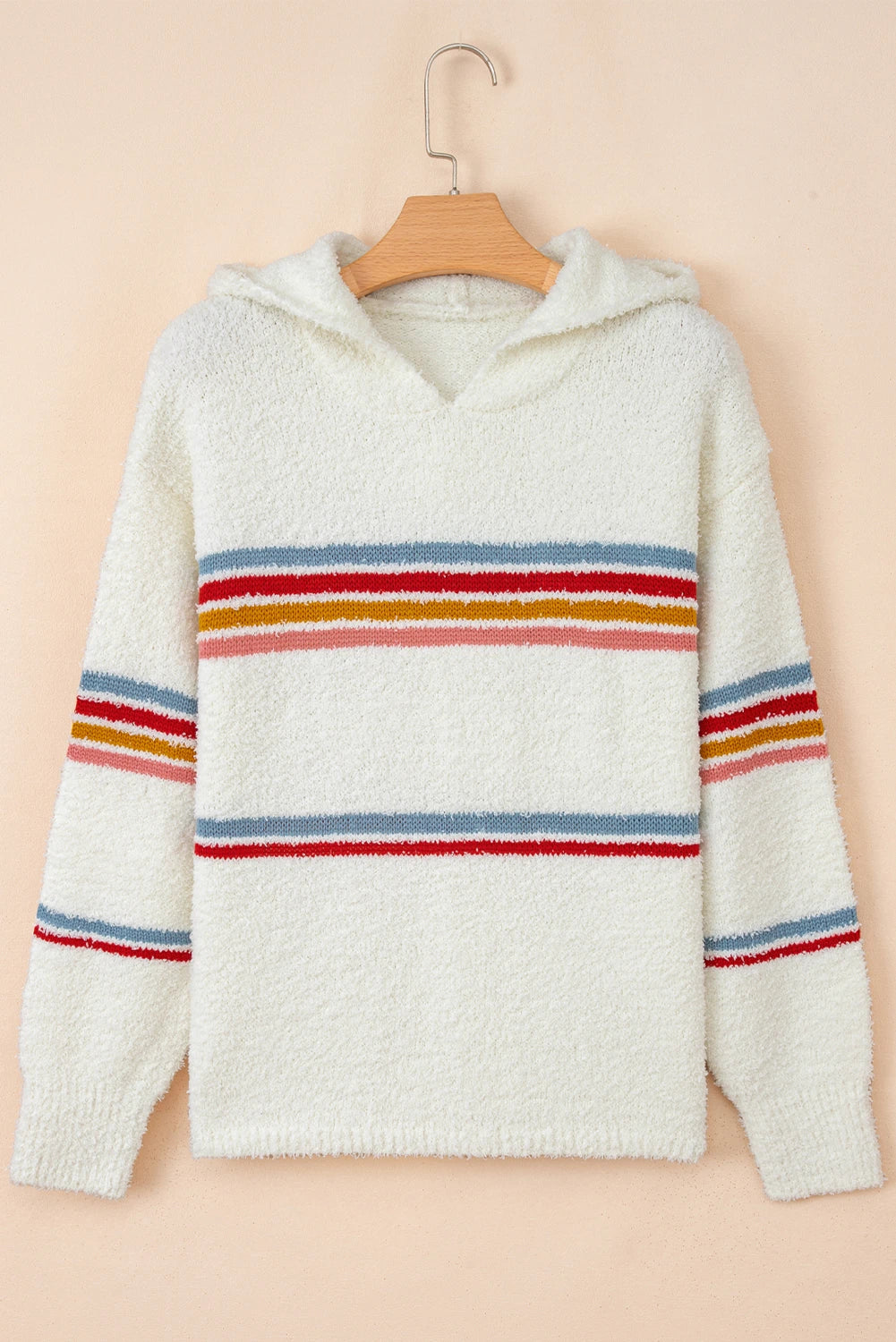 Multicolor Stripe Accent Hooded Popcorn Sweater boho clothing, festival outfit, hippie style apparel | Elevated Hippie