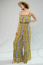 Boho Border Print Gauze Jumpsuit – Ruffle Trim Wide Leg One-Piece with Hidden Button Straps - The Elevated Hippie