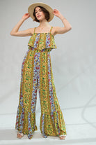 Boho Border Print Gauze Jumpsuit – Ruffle Trim Wide Leg One-Piece with Hidden Button Straps - The Elevated Hippie