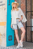 Printed Washed Denim Shorts – Distressed Mid-Length Wide Leg Jean Shorts - The Elevated Hippie
