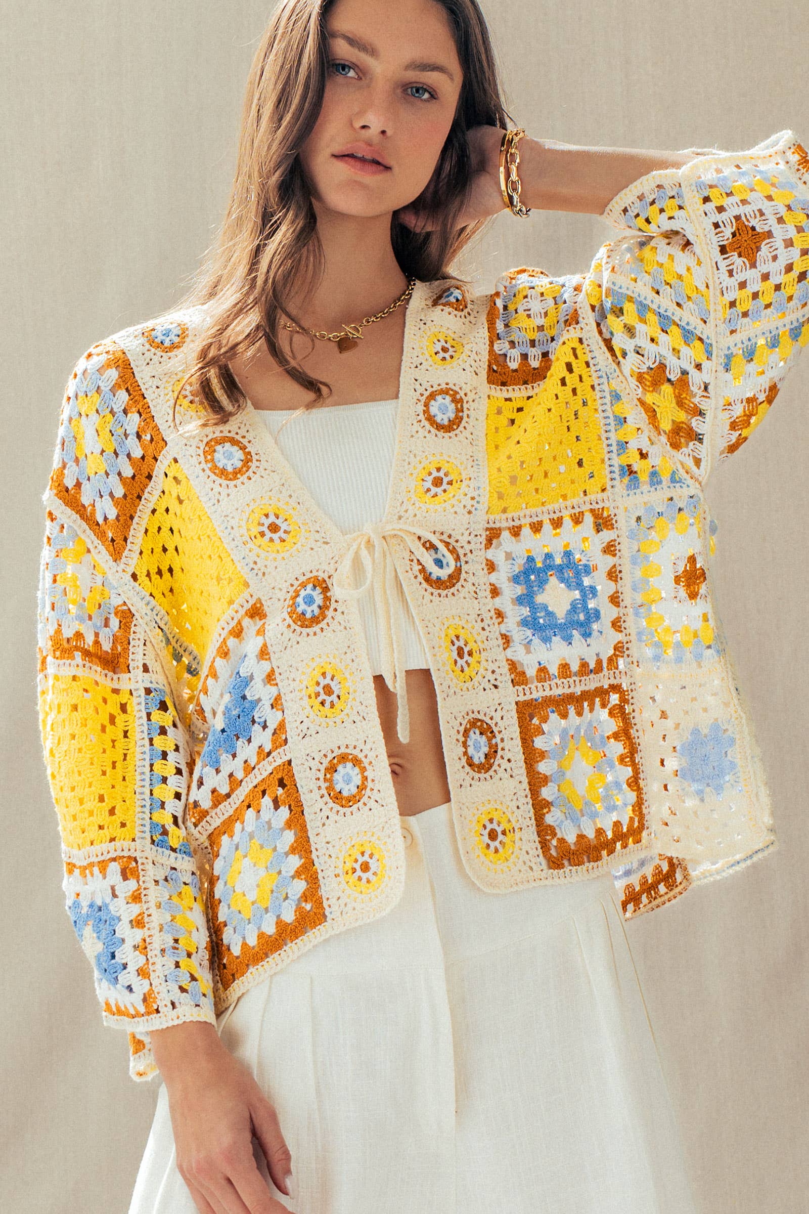 Granny Square Crochet Tie-Front Cardigan - The Elevated Hippie