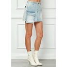 Light Wash Denim Mini Skirt with Cargo Pocket – Boho Mid-Rise Cotton - The Elevated Hippie