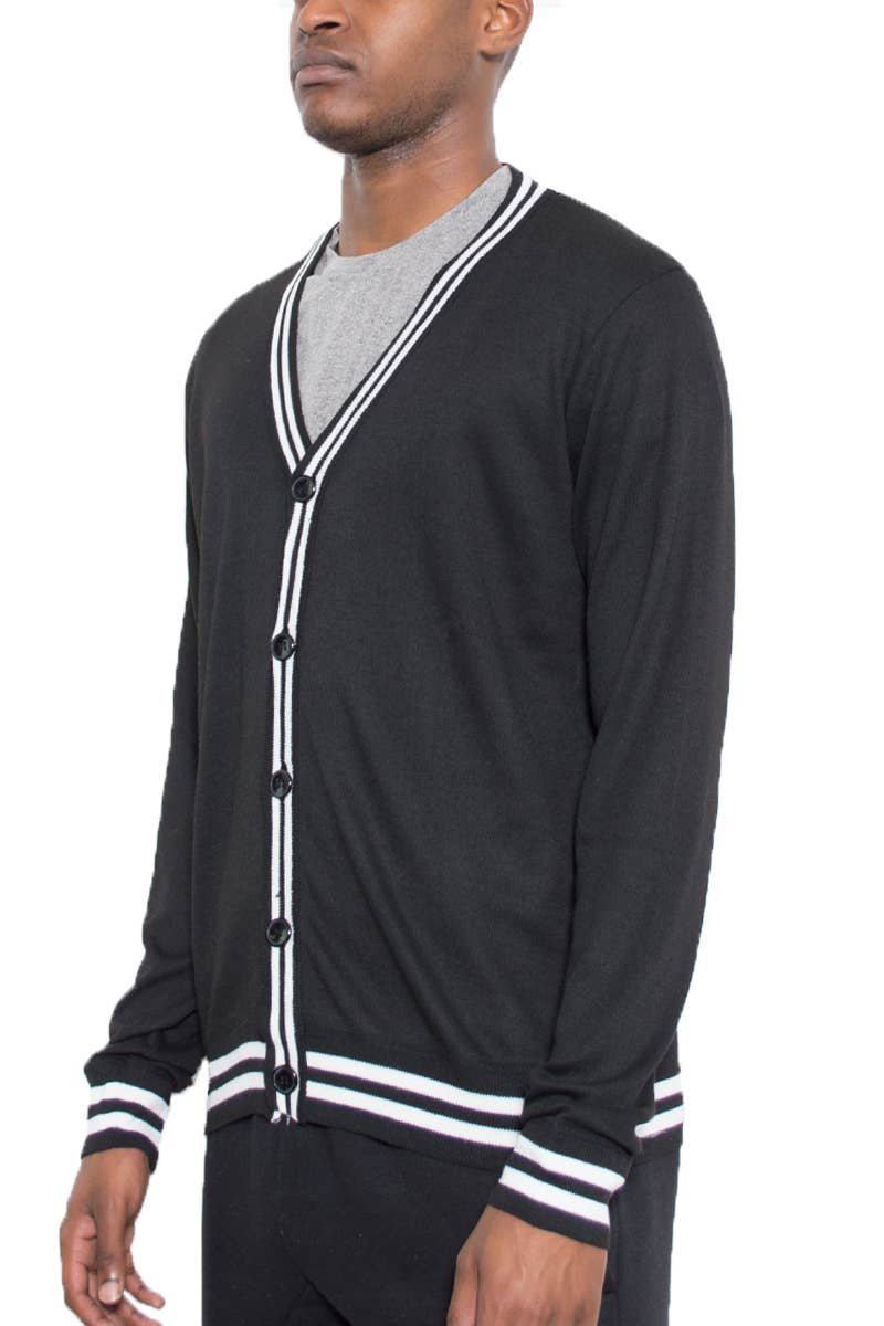 Mens Two Stripe Knit Cardigan Sweater - Black - The Elevated Hippie