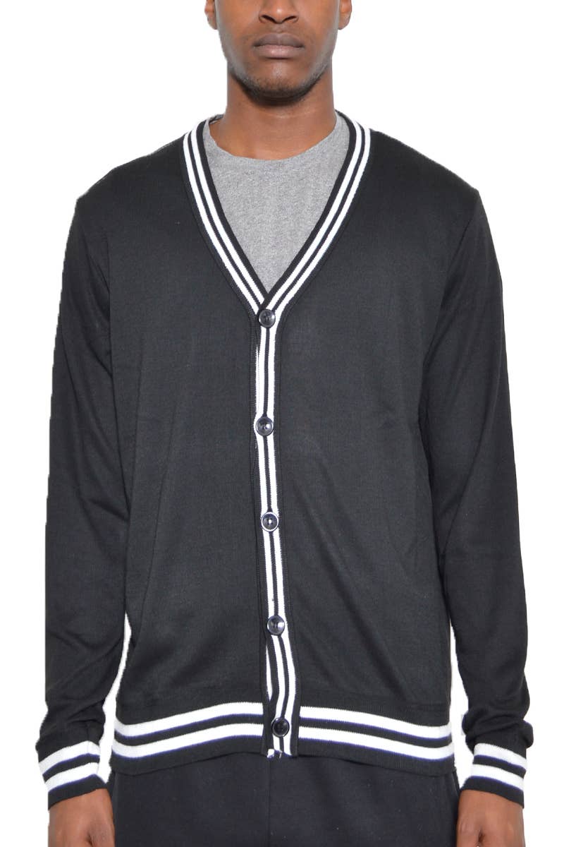 Mens Two Stripe Knit Cardigan Sweater - Black - The Elevated Hippie