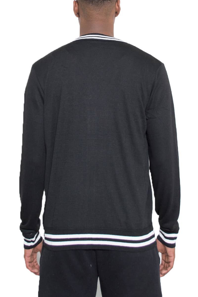 Mens Two Stripe Knit Cardigan Sweater - Black - The Elevated Hippie