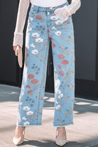 Sky Blue Floral Printed Raw Hem Shift Jeans boho clothing, festival outfit, hippie style apparel | Elevated Hippie