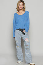 Women's Boat Neck Slub Knit Tee – Long Sleeve, Front Pocket, Relaxed Fit - The Elevated Hippie