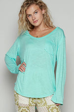 Women's Boat Neck Slub Knit Tee – Long Sleeve, Front Pocket, Relaxed Fit - The Elevated Hippie