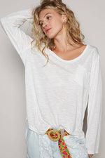 Women's Boat Neck Slub Knit Tee – Long Sleeve, Front Pocket, Relaxed Fit - The Elevated Hippie