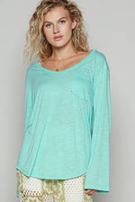 Women's Boat Neck Slub Knit Tee – Long Sleeve, Front Pocket, Relaxed Fit - The Elevated Hippie