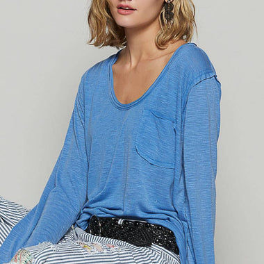 Women's Boat Neck Slub Knit Tee – Long Sleeve, Front Pocket, Relaxed Fit - The Elevated Hippie
