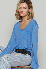Women's Boat Neck Slub Knit Tee – Long Sleeve, Front Pocket, Relaxed Fit - The Elevated Hippie