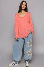Women's Boat Neck Slub Knit Tee – Long Sleeve, Front Pocket, Relaxed Fit - The Elevated Hippie