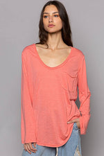 Women's Boat Neck Slub Knit Tee – Long Sleeve, Front Pocket, Relaxed Fit - The Elevated Hippie