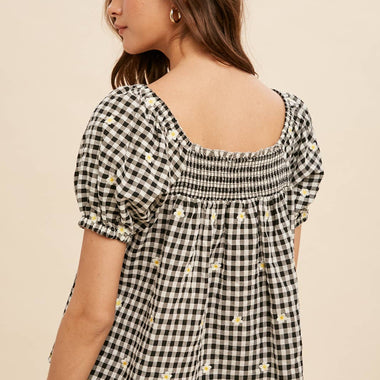 Women's Embroidered Gingham Smock Blouse – Sunny Days Boho Top - The Elevated Hippie