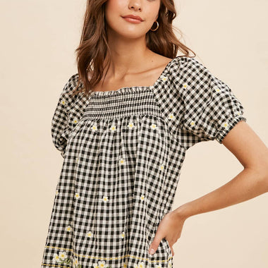Women's Embroidered Gingham Smock Blouse – Sunny Days Boho Top - The Elevated Hippie