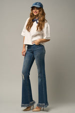 Women's Frayed Flare Jeans – Wide Elastic Waist, Dark Denim, Stretch Fit - The Elevated Hippie