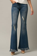 Women's Frayed Flare Jeans – Wide Elastic Waist, Dark Denim, Stretch Fit - The Elevated Hippie
