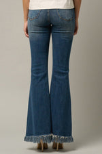 Women's Frayed Flare Jeans – Wide Elastic Waist, Dark Denim, Stretch Fit - The Elevated Hippie