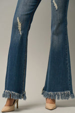 Women's Frayed Flare Jeans – Wide Elastic Waist, Dark Denim, Stretch Fit - The Elevated Hippie